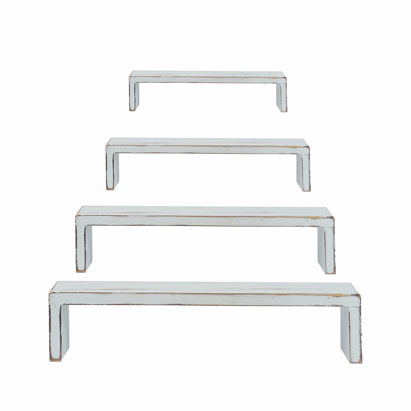 Set of 4 Wooden Display Risers Whitewash Rectangular Bench Style - Stackable Rustic Farmhouse Nesting Stands 14", 16", 17", 19" - Bell Racket Store