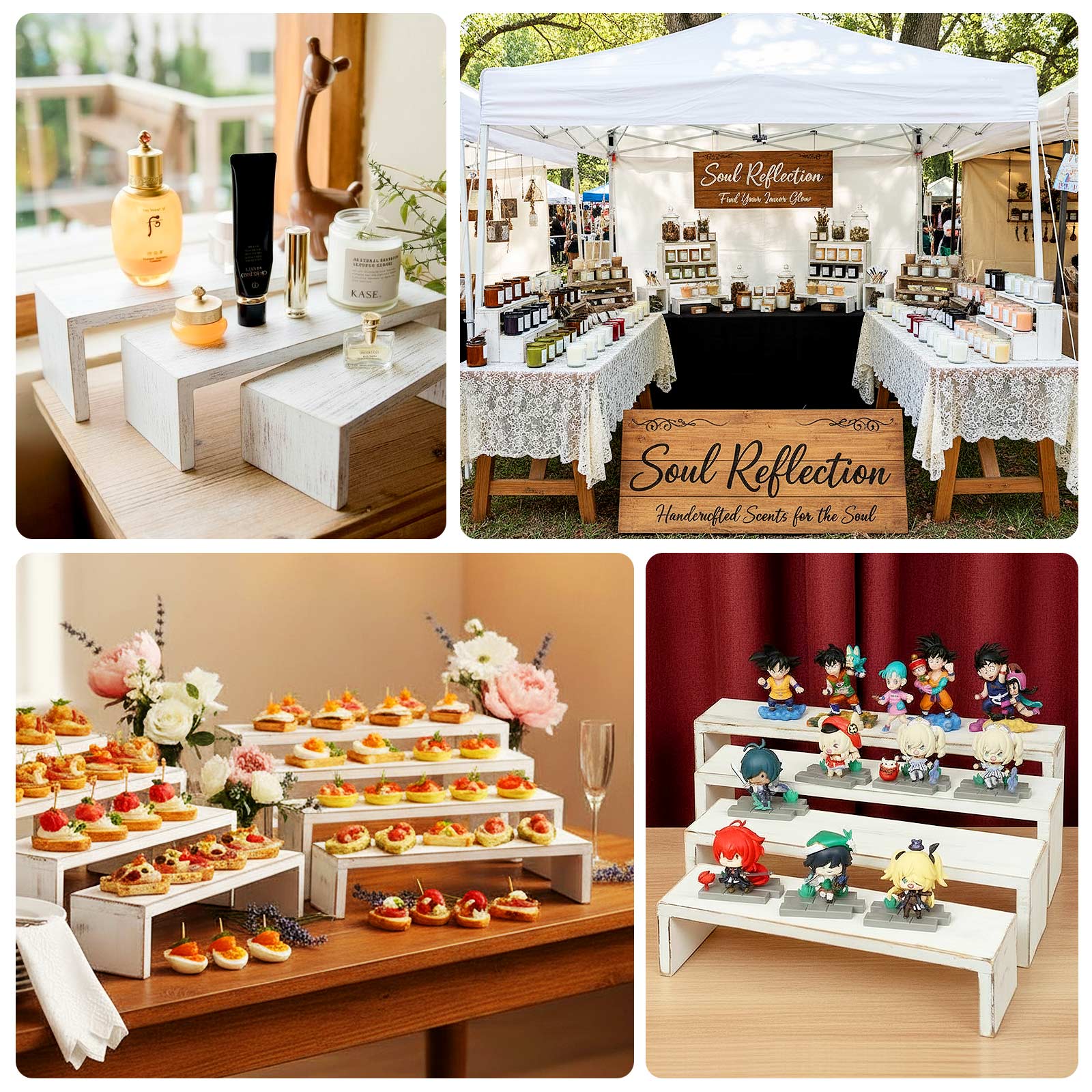 Set of 4 Wooden Display Risers Whitewash Rectangular Bench Style - Stackable Rustic Farmhouse Nesting Stands 14", 16", 17", 19" - Bell Racket Store