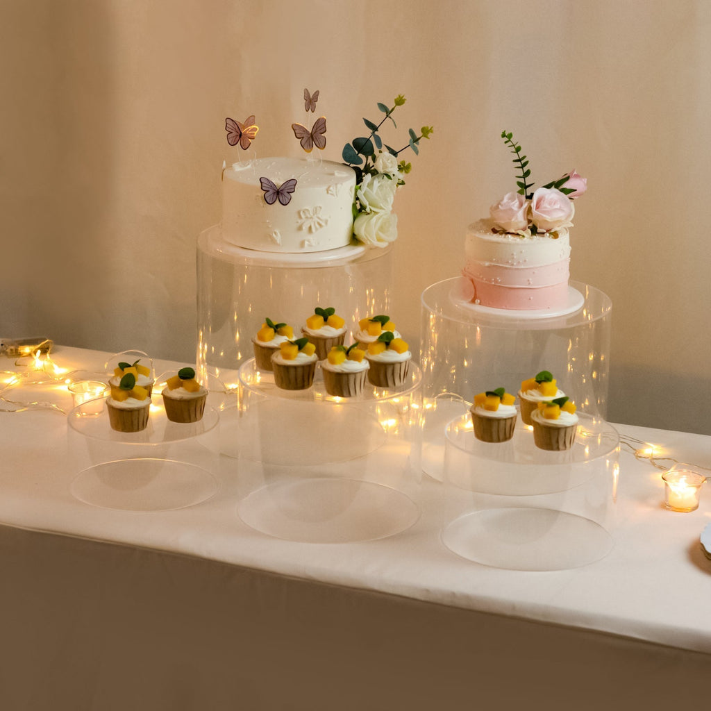 Set of 5 Acrylic Cake Stands Cylinder Design Round Clear - Display Risers for Events 8.5", 9", 10", 11", 12" - Bell Racket Store