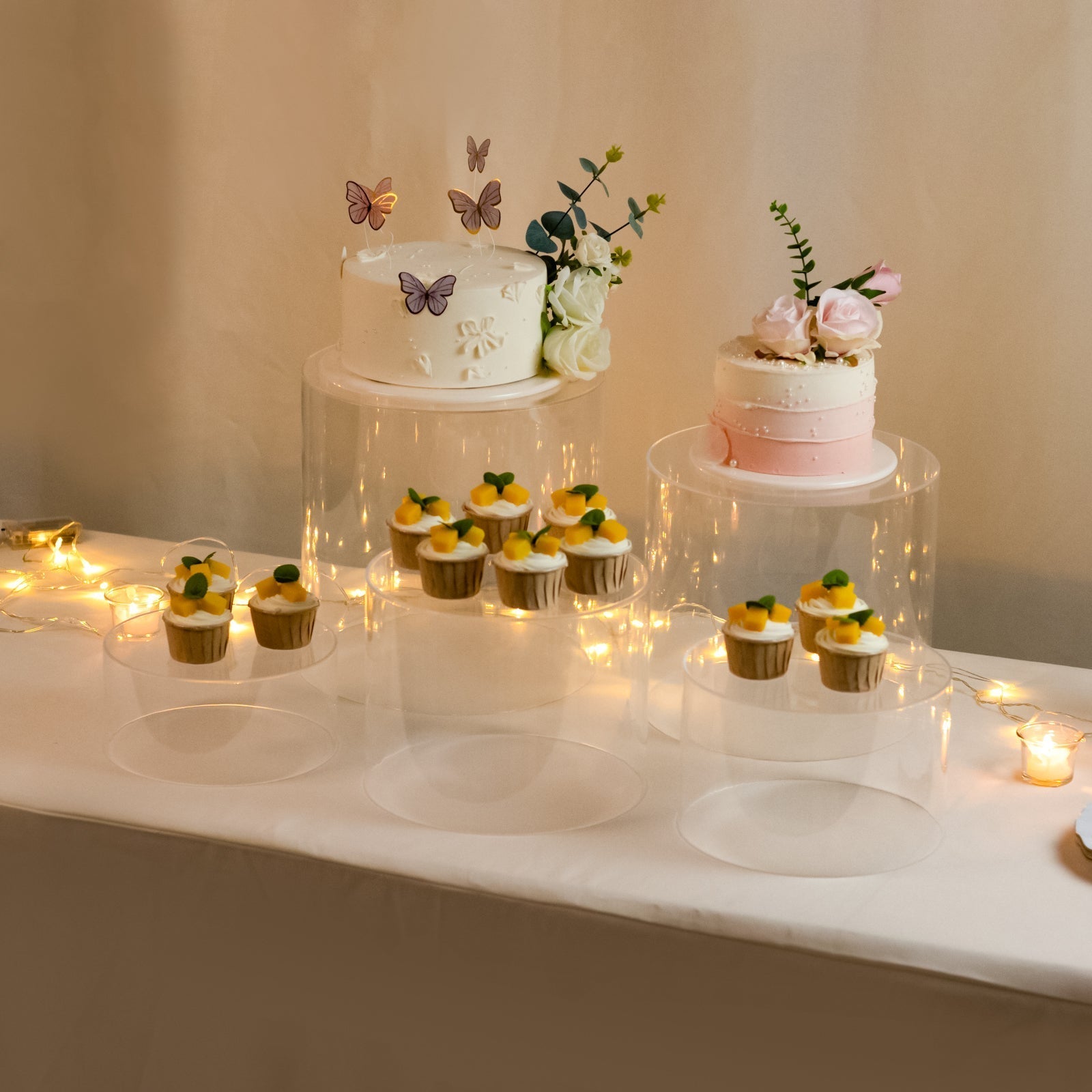 Set of 5 Acrylic Cake Stands Cylinder Design Round Clear - Display Risers for Events 8.5", 9", 10", 11", 12" - Bell Racket Store