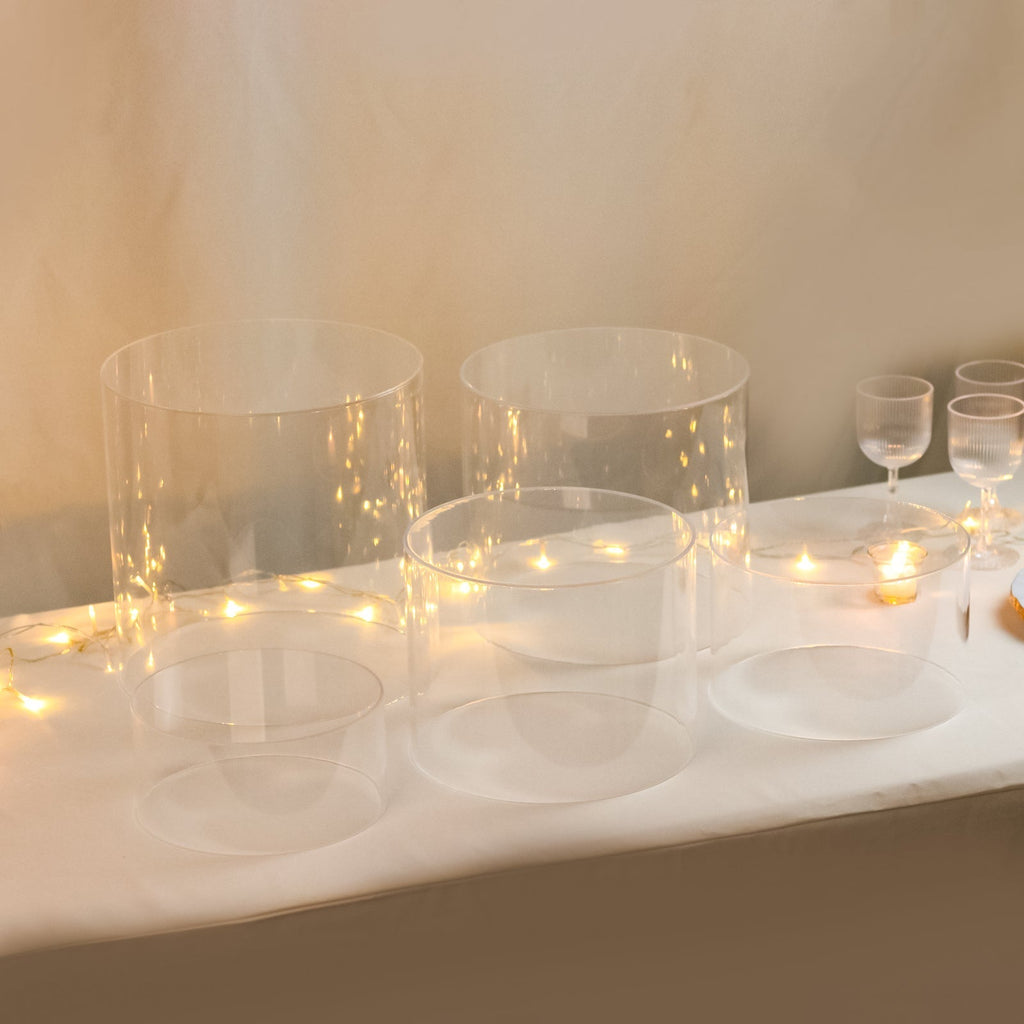 Set of 5 Acrylic Cake Stands Cylinder Design Round Clear - Display Risers for Events 8.5", 9", 10", 11", 12" - Bell Racket Store