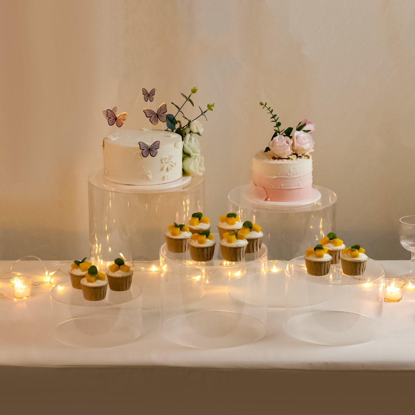 Set of 5 Acrylic Cake Stands Cylinder Design Round Clear - Display Risers for Events 8.5", 9", 10", 11", 12" - Bell Racket Store