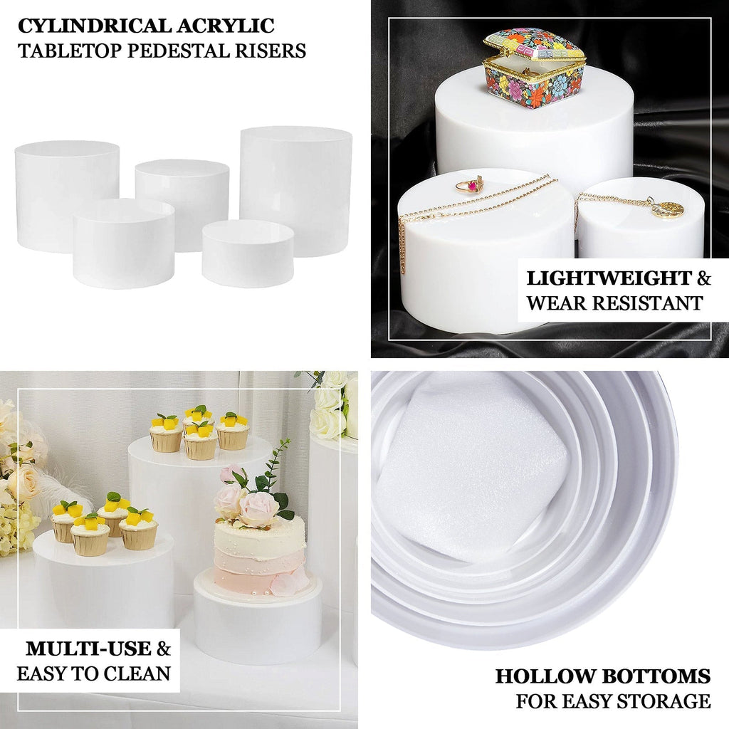Set of 5 Acrylic Cake Stands Cylinder Design Round White - Display Risers for Events 8.5", 9", 10", 11", 12" - Bell Racket Store