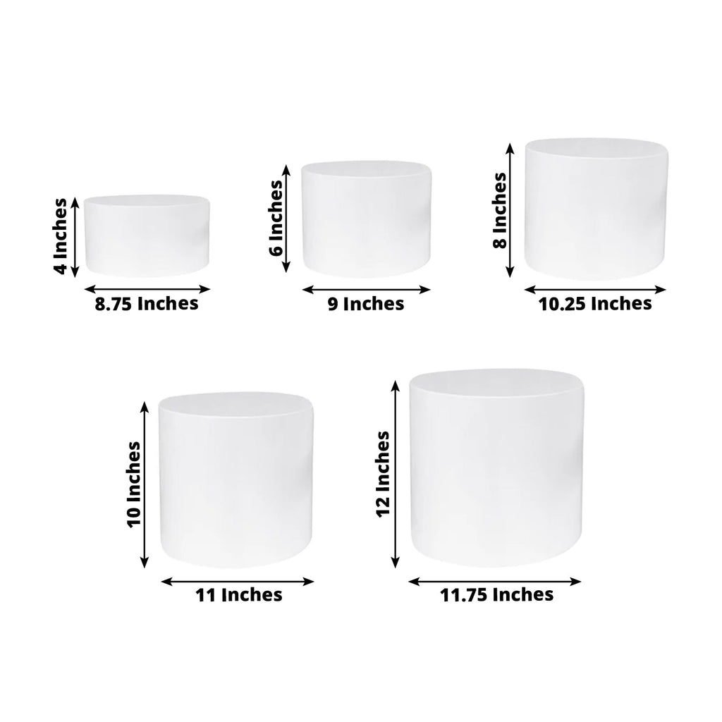 Set of 5 Acrylic Cake Stands Cylinder Design Round White - Display Risers for Events 8.5", 9", 10", 11", 12" - Bell Racket Store