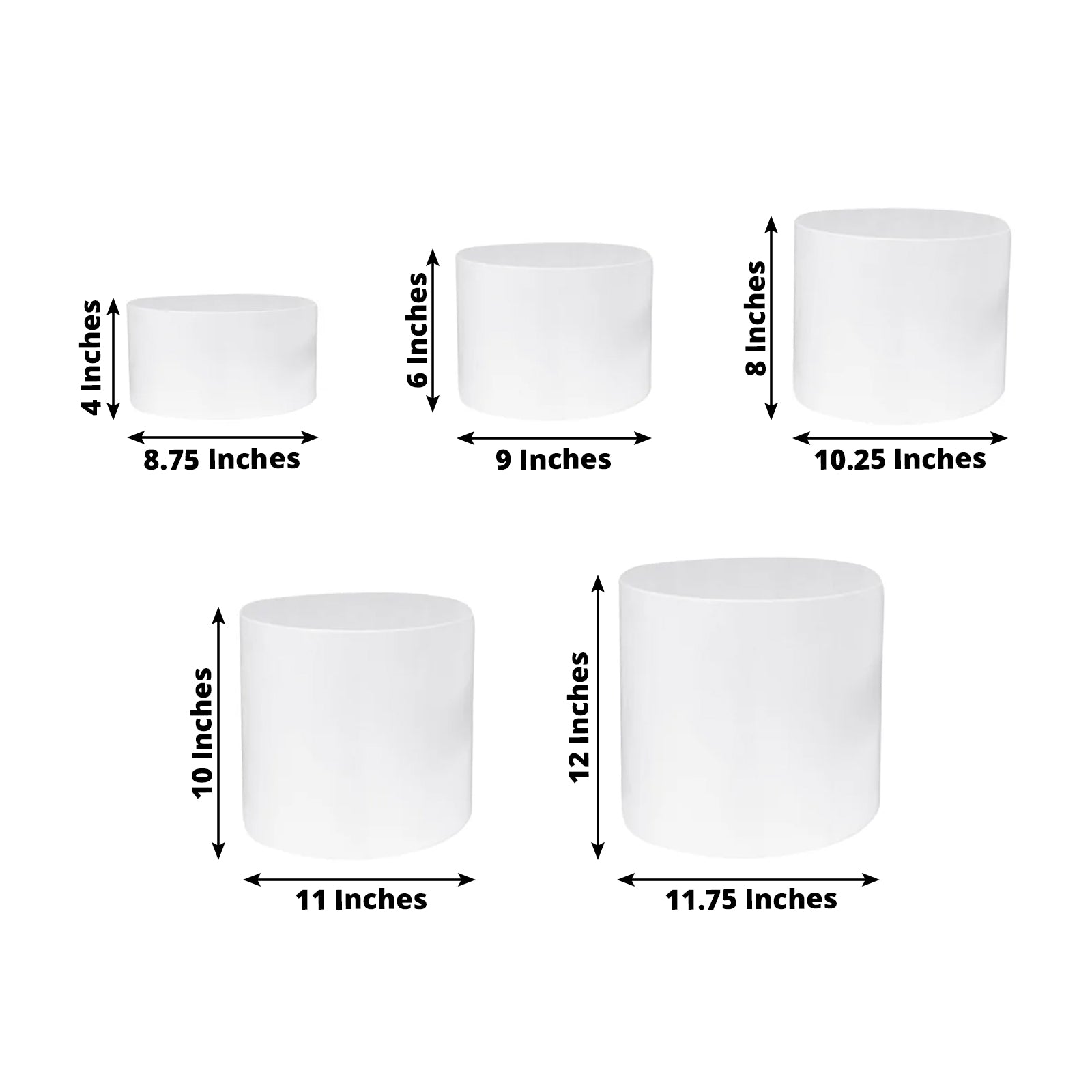 Set of 5 Acrylic Cake Stands Cylinder Design Round White - Display Risers for Events 8.5", 9", 10", 11", 12" - Bell Racket Store