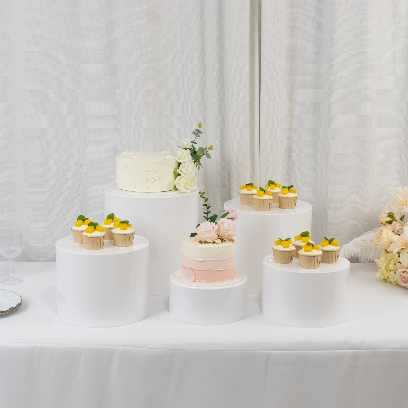 Set of 5 Acrylic Cake Stands Cylinder Design Round White - Display Risers for Events 8.5", 9", 10", 11", 12" - Bell Racket Store