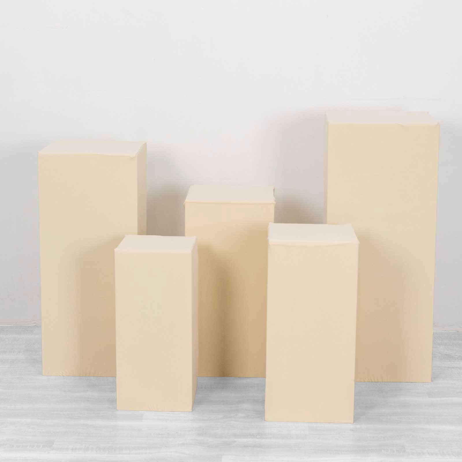 Set of 5 Beige Spandex Rectangle Pedestal Stand Covers, Stretchable Pillar Prop Covers - 160 GSM - Bell Racket Store