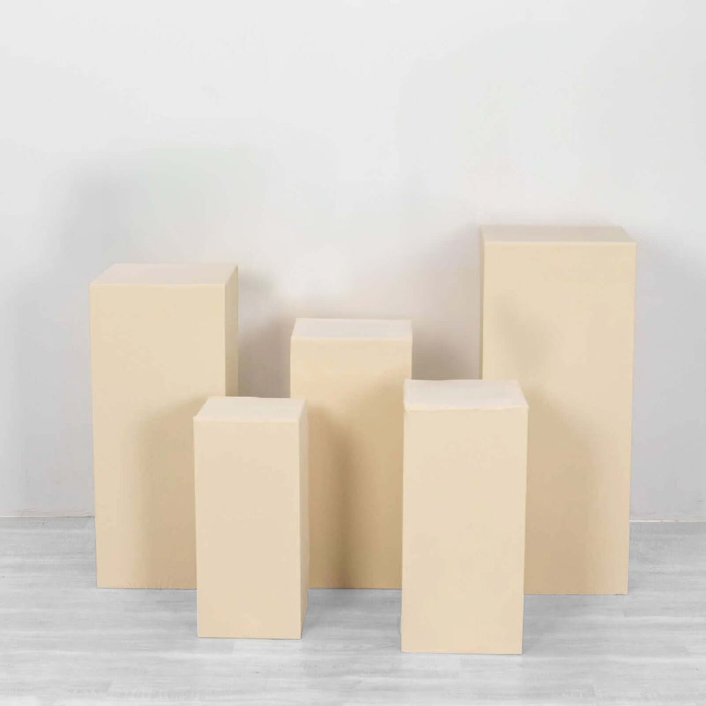 Set of 5 Beige Spandex Rectangle Pedestal Stand Covers, Stretchable Pillar Prop Covers - 160 GSM - Bell Racket Store