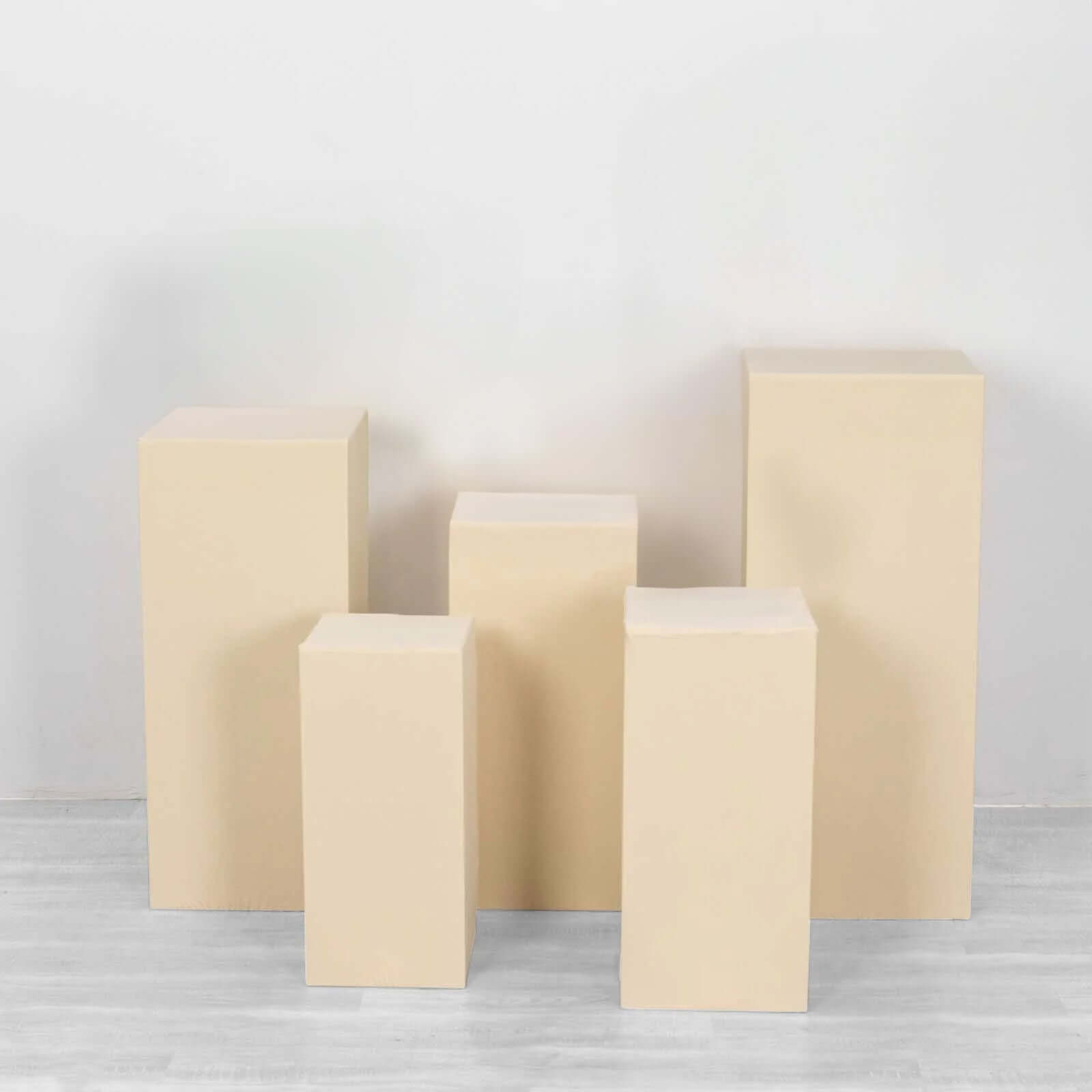 Set of 5 Beige Spandex Rectangle Pedestal Stand Covers, Stretchable Pillar Prop Covers - 160 GSM - Bell Racket Store