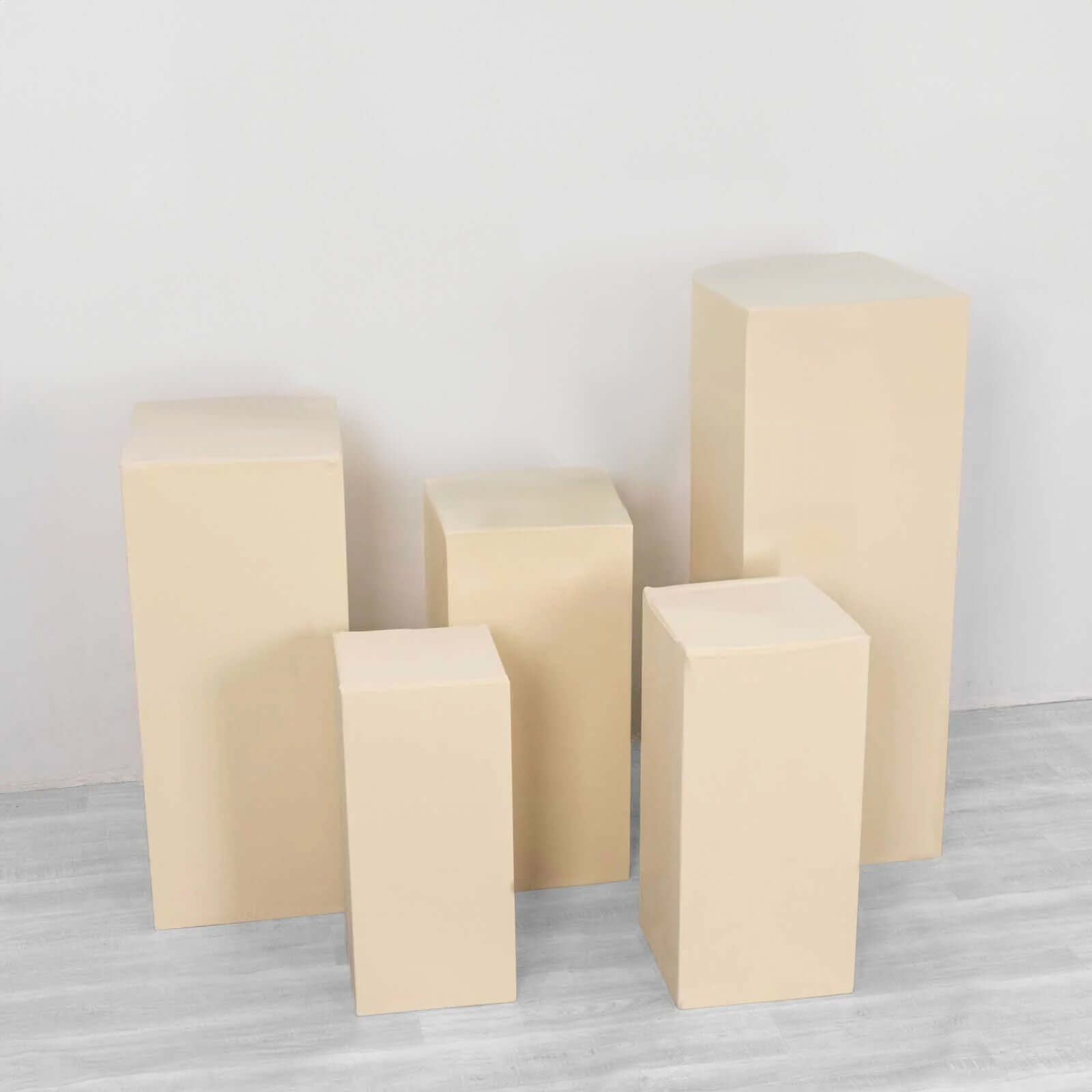 Set of 5 Beige Spandex Rectangle Pedestal Stand Covers, Stretchable Pillar Prop Covers - 160 GSM - Bell Racket Store