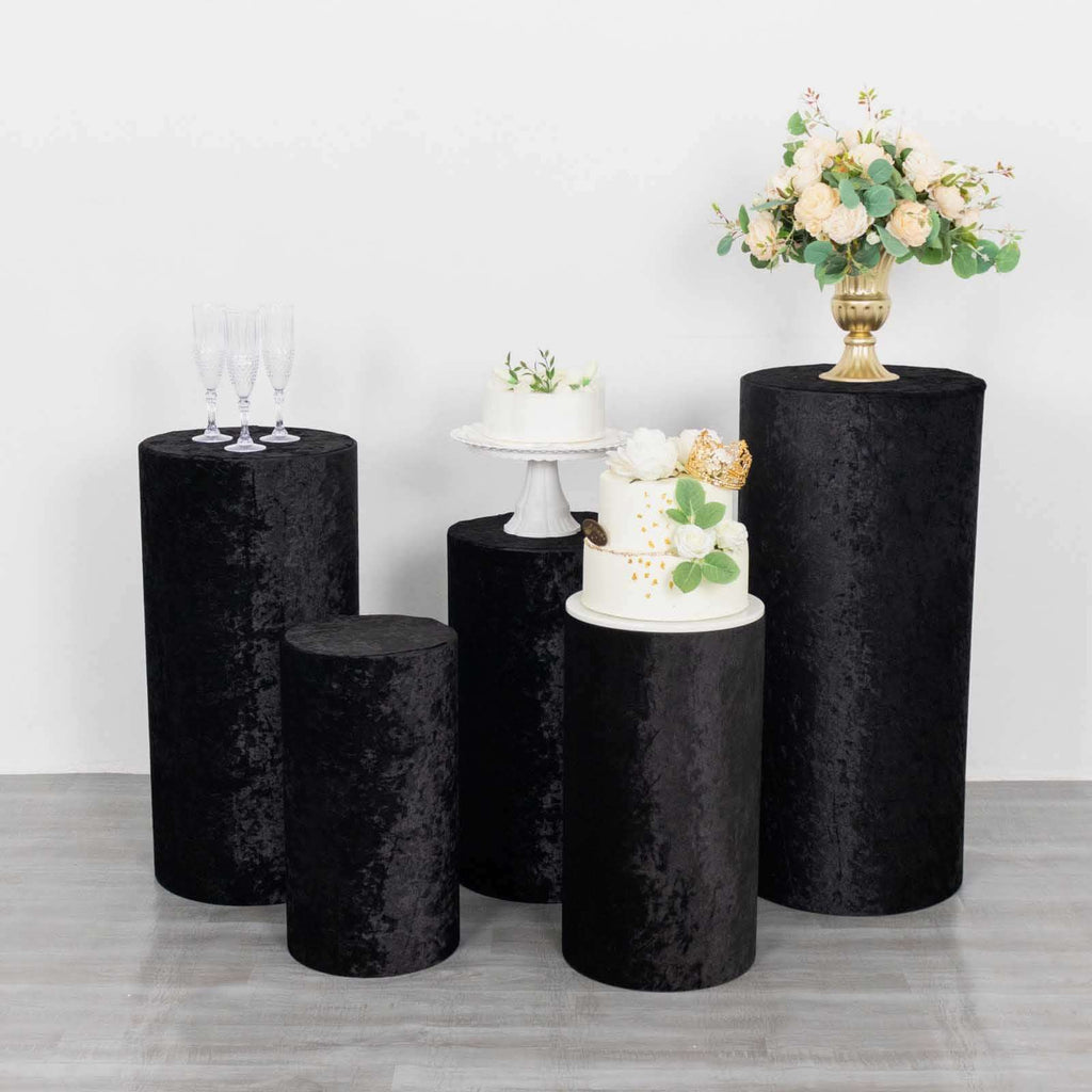 Set of 5 Black Crushed Velvet Cylinder Pedestal Stand Covers, Premium Pillar Prop Covers - Bell Racket Store