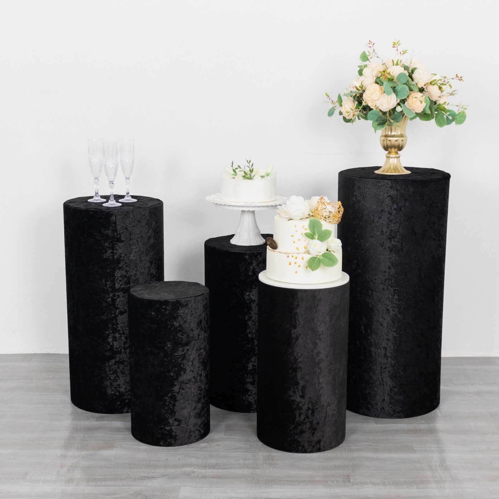 Set of 5 Black Crushed Velvet Cylinder Pedestal Stand Covers, Premium Pillar Prop Covers - Bell Racket Store