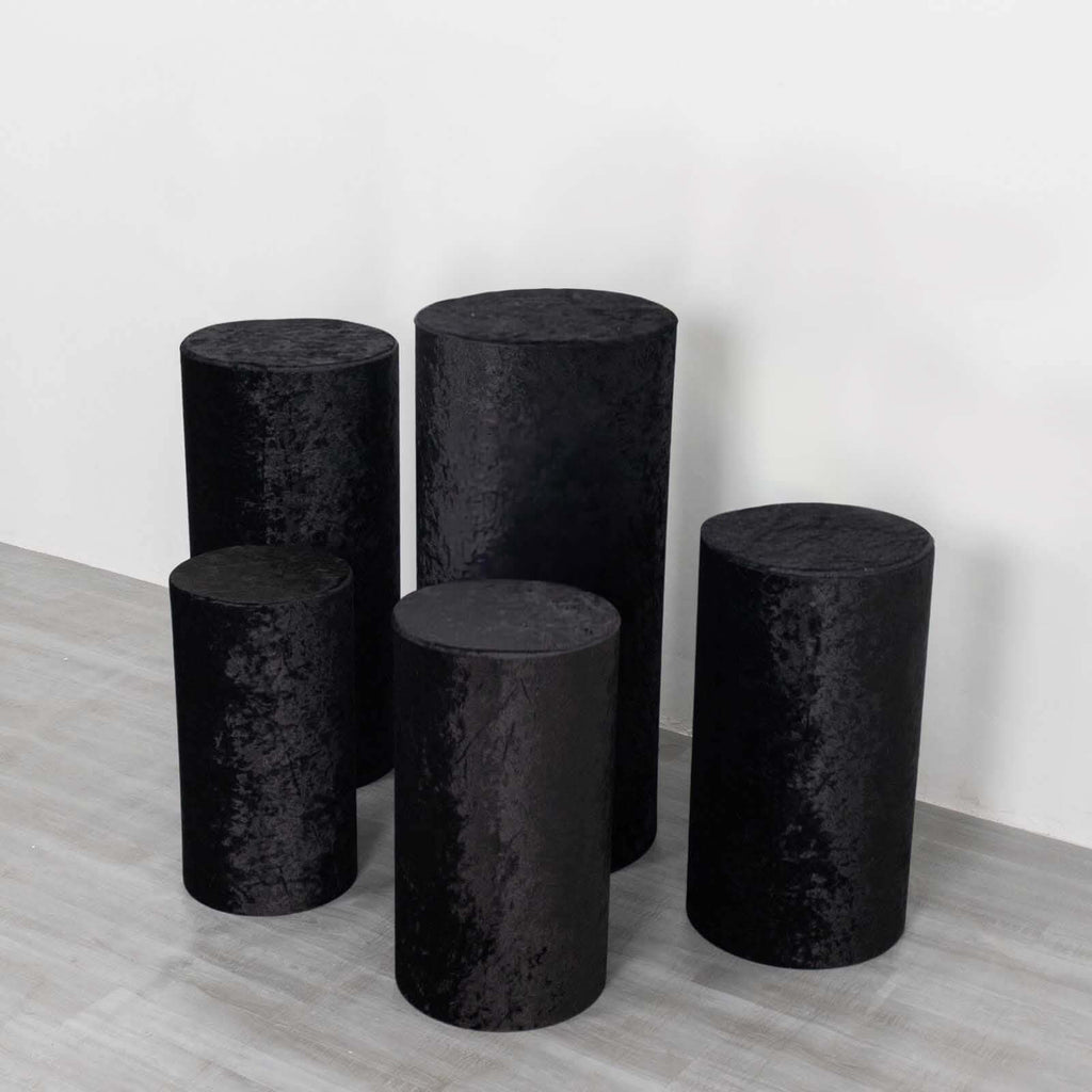 Set of 5 Black Crushed Velvet Cylinder Pedestal Stand Covers, Premium Pillar Prop Covers - Bell Racket Store