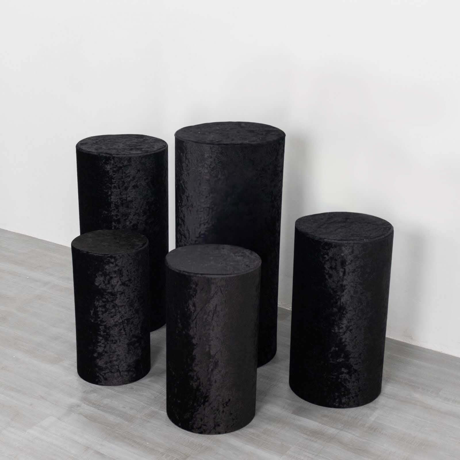 Set of 5 Black Crushed Velvet Cylinder Pedestal Stand Covers, Premium Pillar Prop Covers - Bell Racket Store