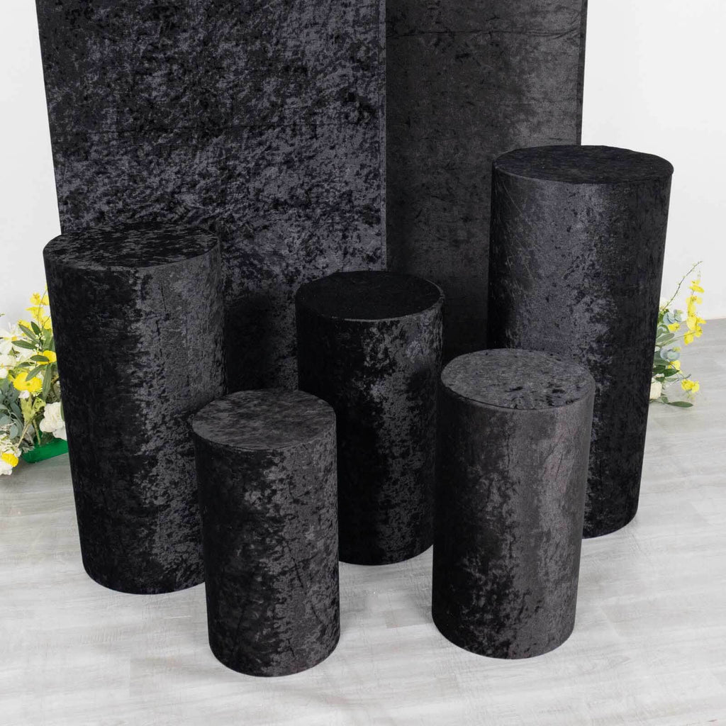 Set of 5 Black Crushed Velvet Cylinder Pedestal Stand Covers, Premium Pillar Prop Covers - Bell Racket Store