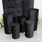 Set of 5 Black Crushed Velvet Cylinder Pedestal Stand Covers, Premium Pillar Prop Covers - Bell Racket Store