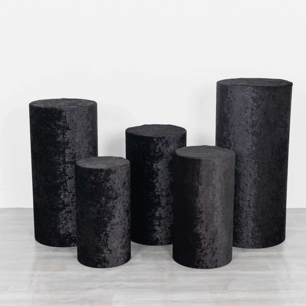 Set of 5 Black Crushed Velvet Cylinder Pedestal Stand Covers, Premium Pillar Prop Covers - Bell Racket Store