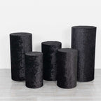 Set of 5 Black Crushed Velvet Cylinder Pedestal Stand Covers, Premium Pillar Prop Covers - Bell Racket Store