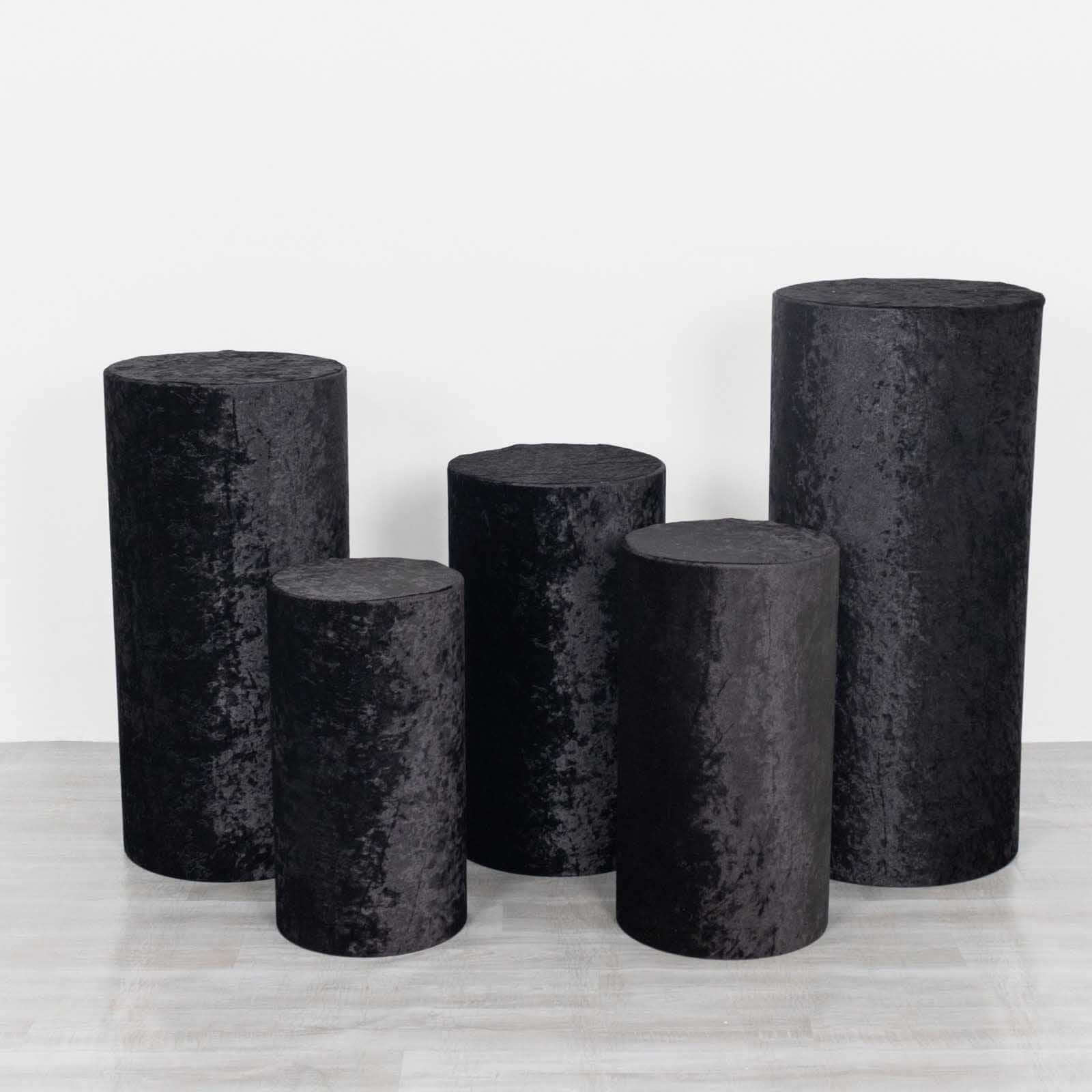 Set of 5 Black Crushed Velvet Cylinder Pedestal Stand Covers, Premium Pillar Prop Covers - Bell Racket Store