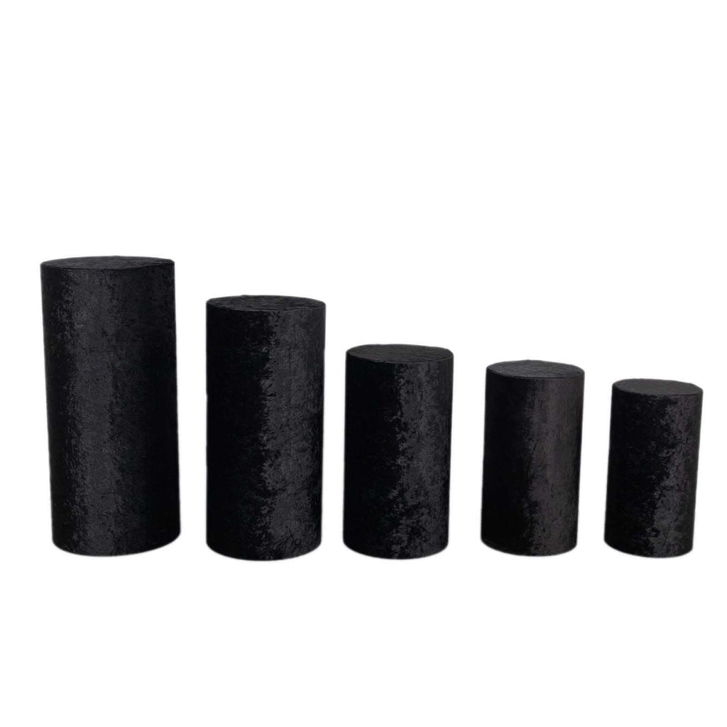 Set of 5 Black Crushed Velvet Cylinder Pedestal Stand Covers, Premium Pillar Prop Covers - Bell Racket Store