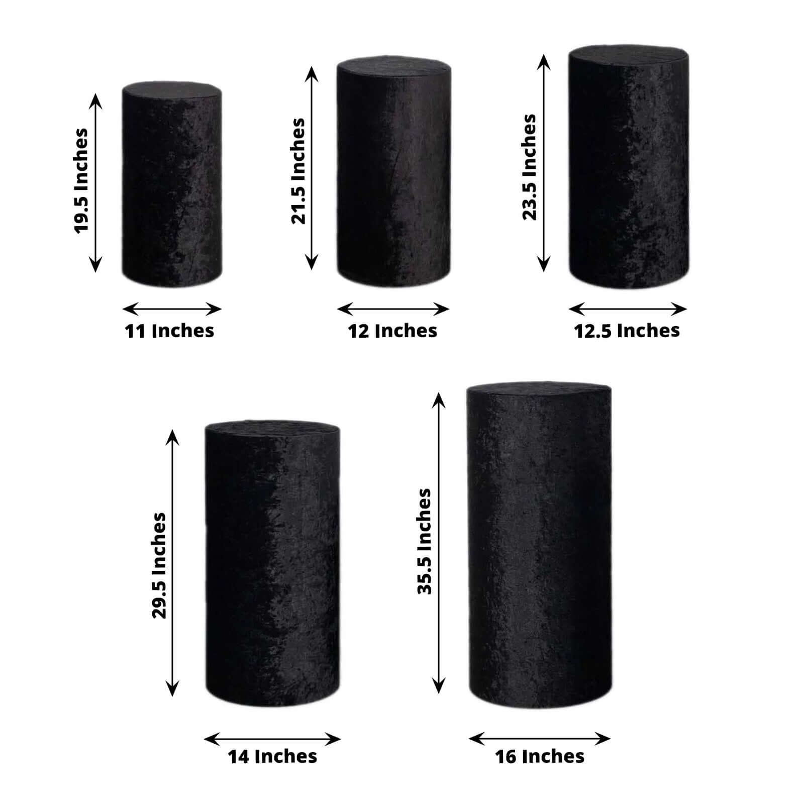 Set of 5 Black Crushed Velvet Cylinder Pedestal Stand Covers, Premium Pillar Prop Covers - Bell Racket Store