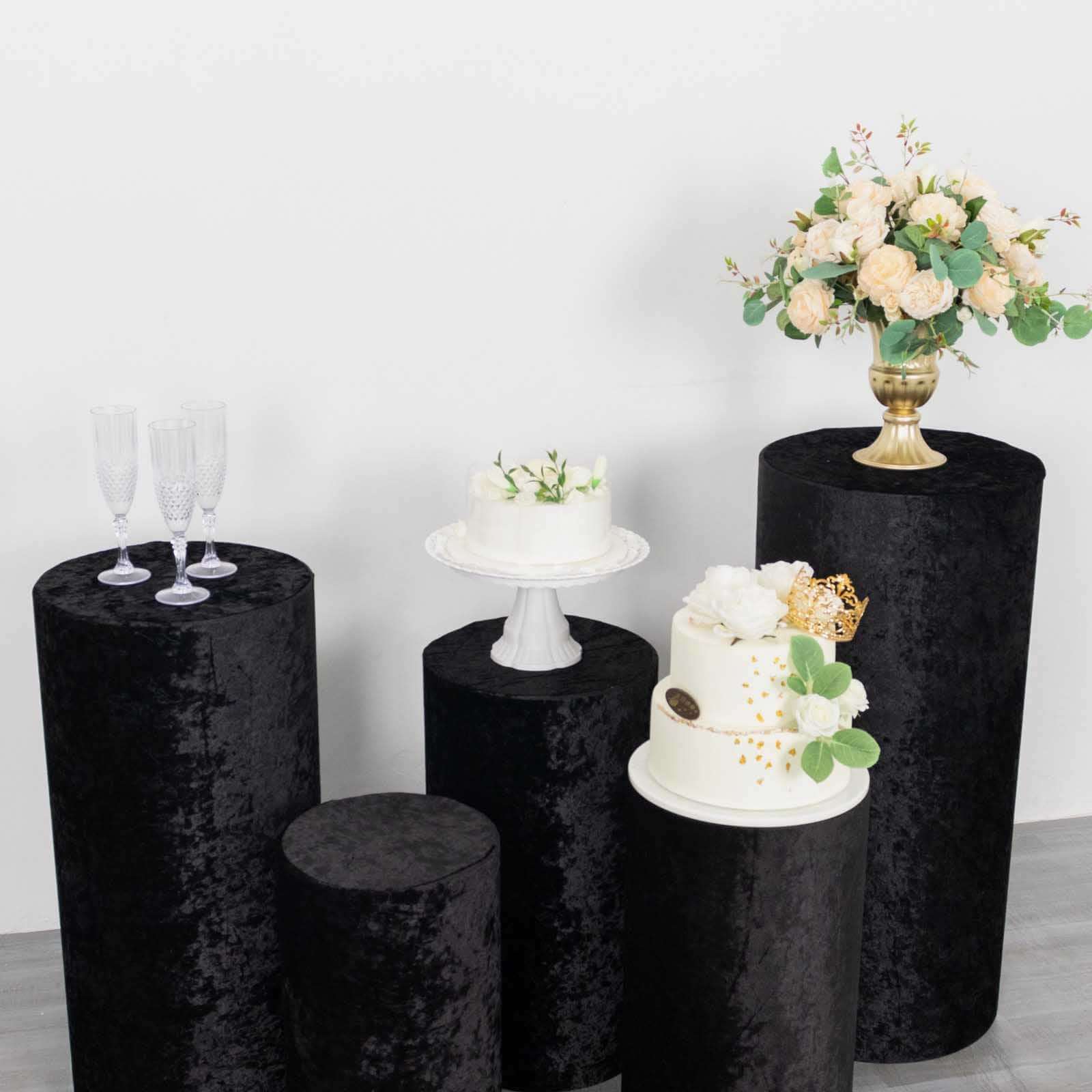 Set of 5 Black Crushed Velvet Cylinder Pedestal Stand Covers, Premium Pillar Prop Covers - Bell Racket Store