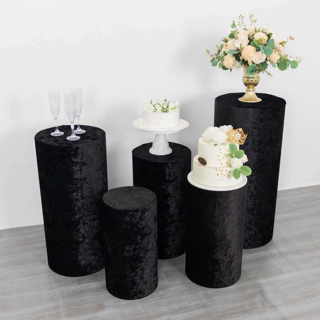 Set of 5 Black Crushed Velvet Cylinder Pedestal Stand Covers, Premium Pillar Prop Covers - Bell Racket Store