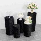 Set of 5 Black Crushed Velvet Cylinder Pedestal Stand Covers, Premium Pillar Prop Covers - Bell Racket Store
