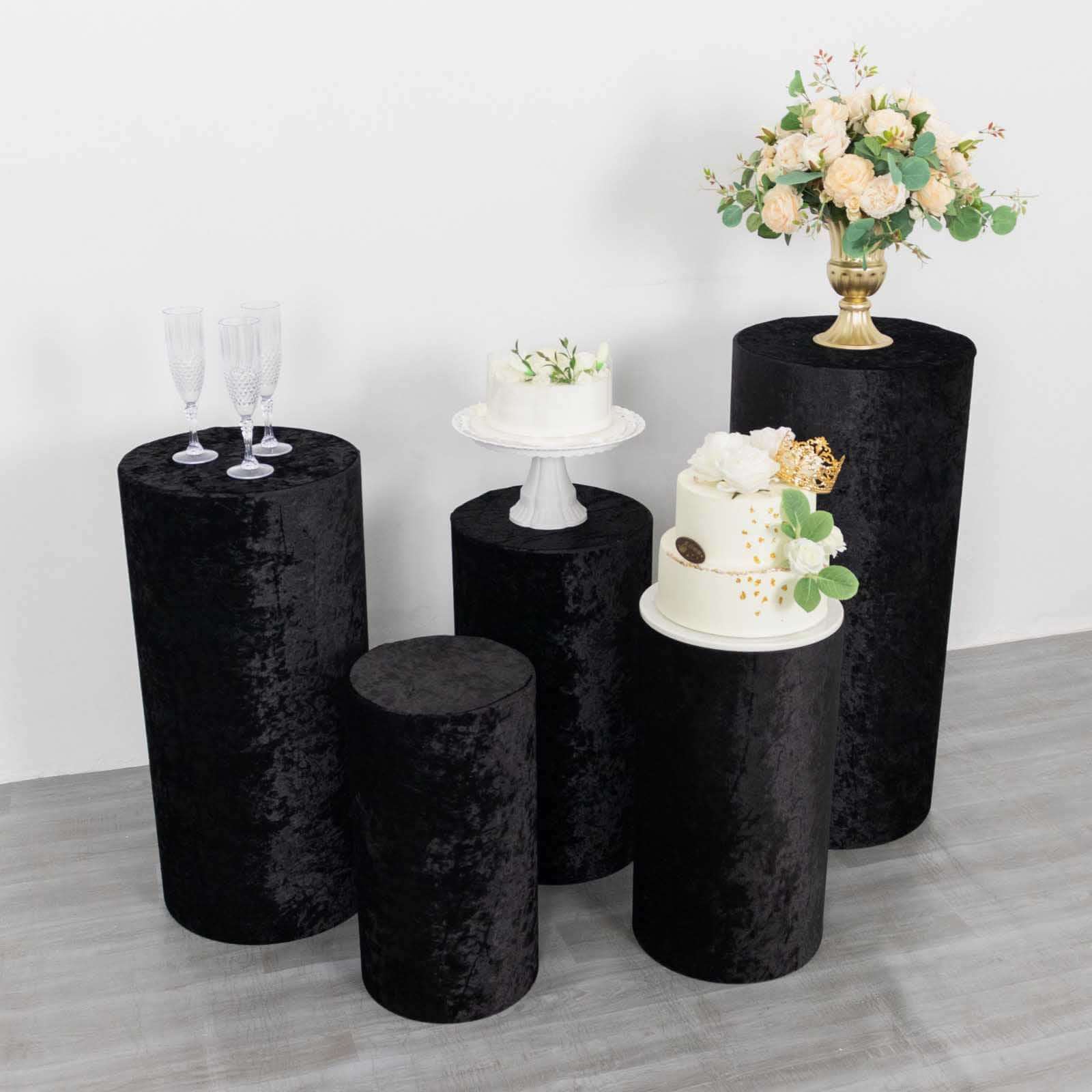 Set of 5 Black Crushed Velvet Cylinder Pedestal Stand Covers, Premium Pillar Prop Covers - Bell Racket Store