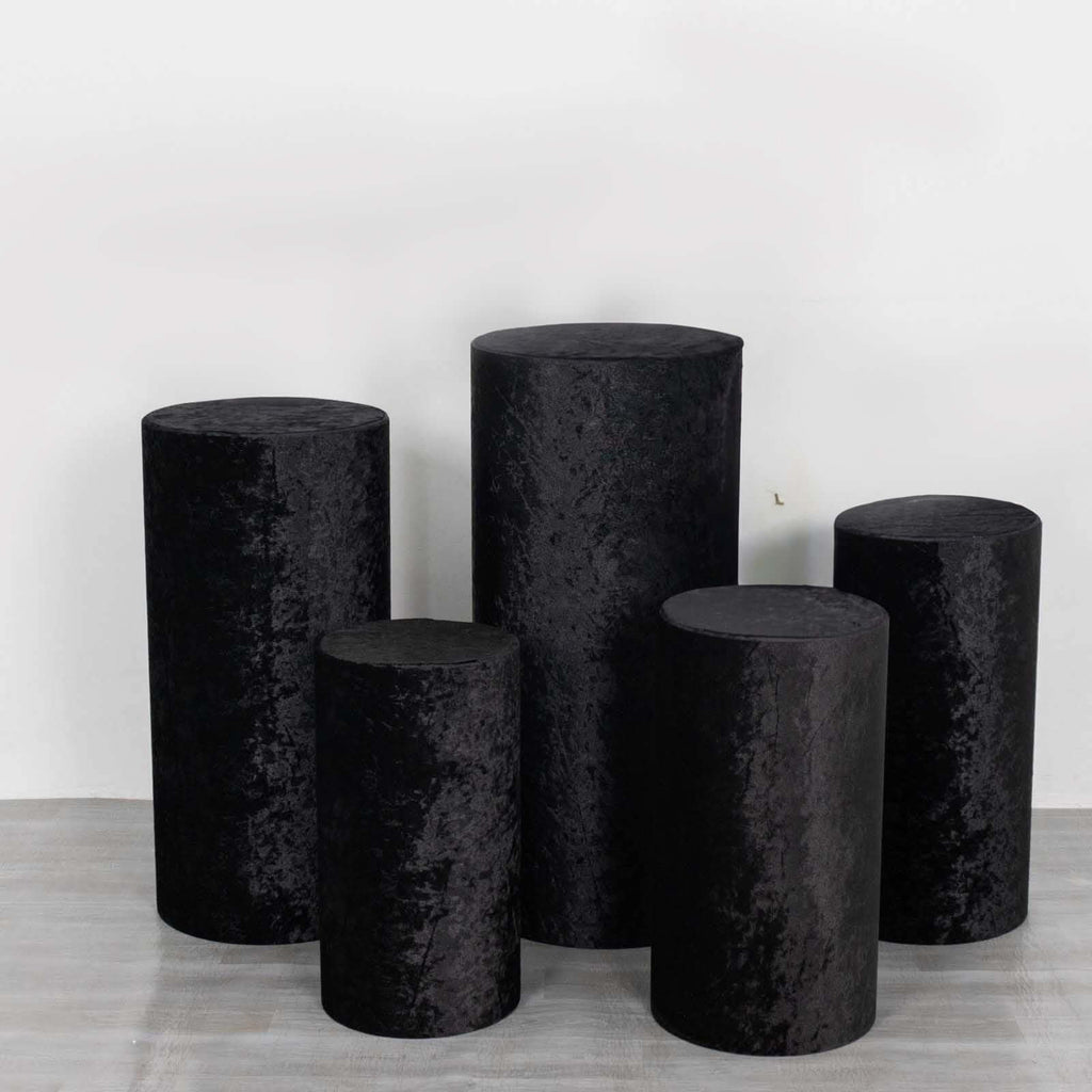 Set of 5 Black Crushed Velvet Cylinder Pedestal Stand Covers, Premium Pillar Prop Covers - Bell Racket Store