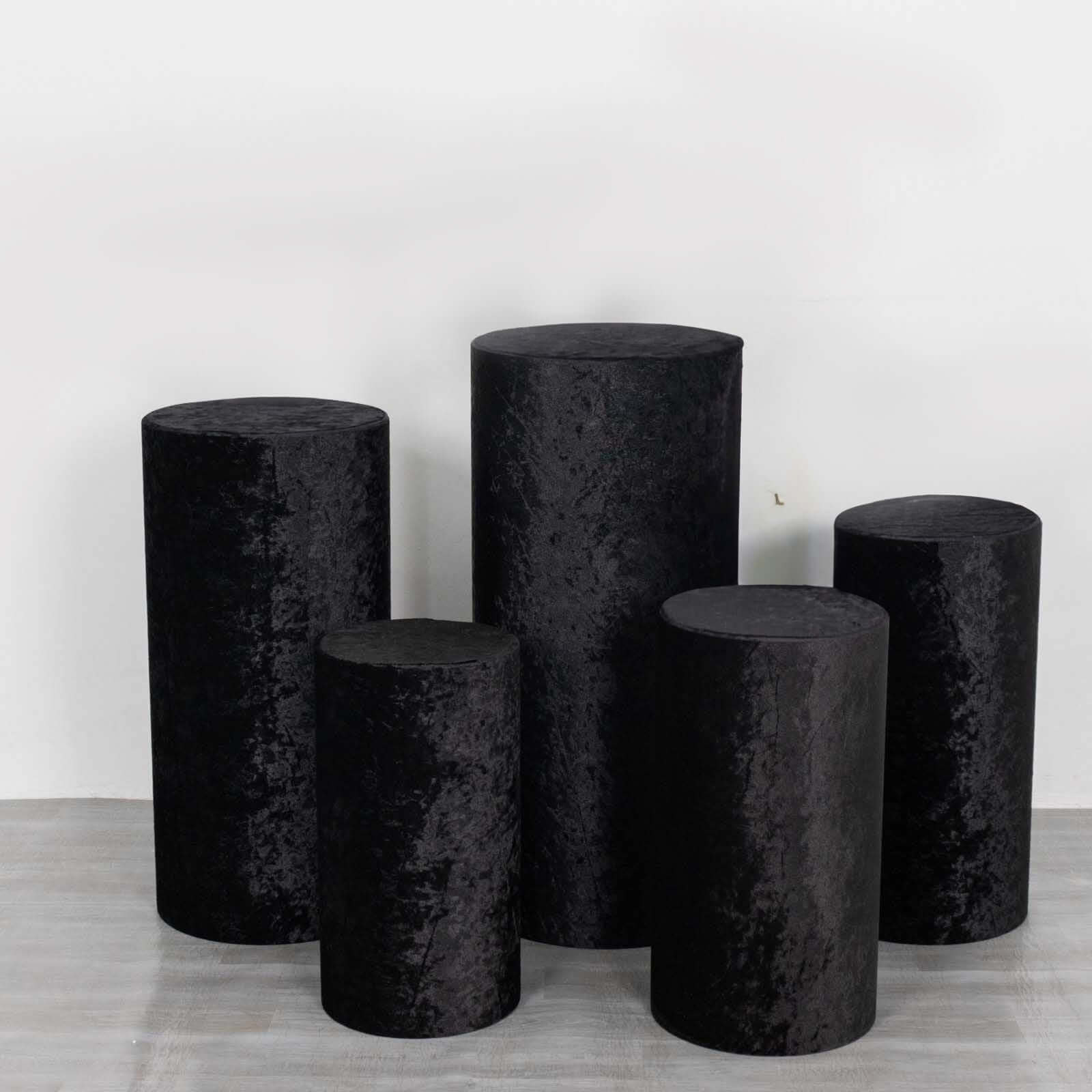 Set of 5 Black Crushed Velvet Cylinder Pedestal Stand Covers, Premium Pillar Prop Covers - Bell Racket Store