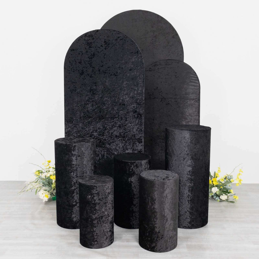 Set of 5 Black Crushed Velvet Cylinder Pedestal Stand Covers, Premium Pillar Prop Covers - Bell Racket Store