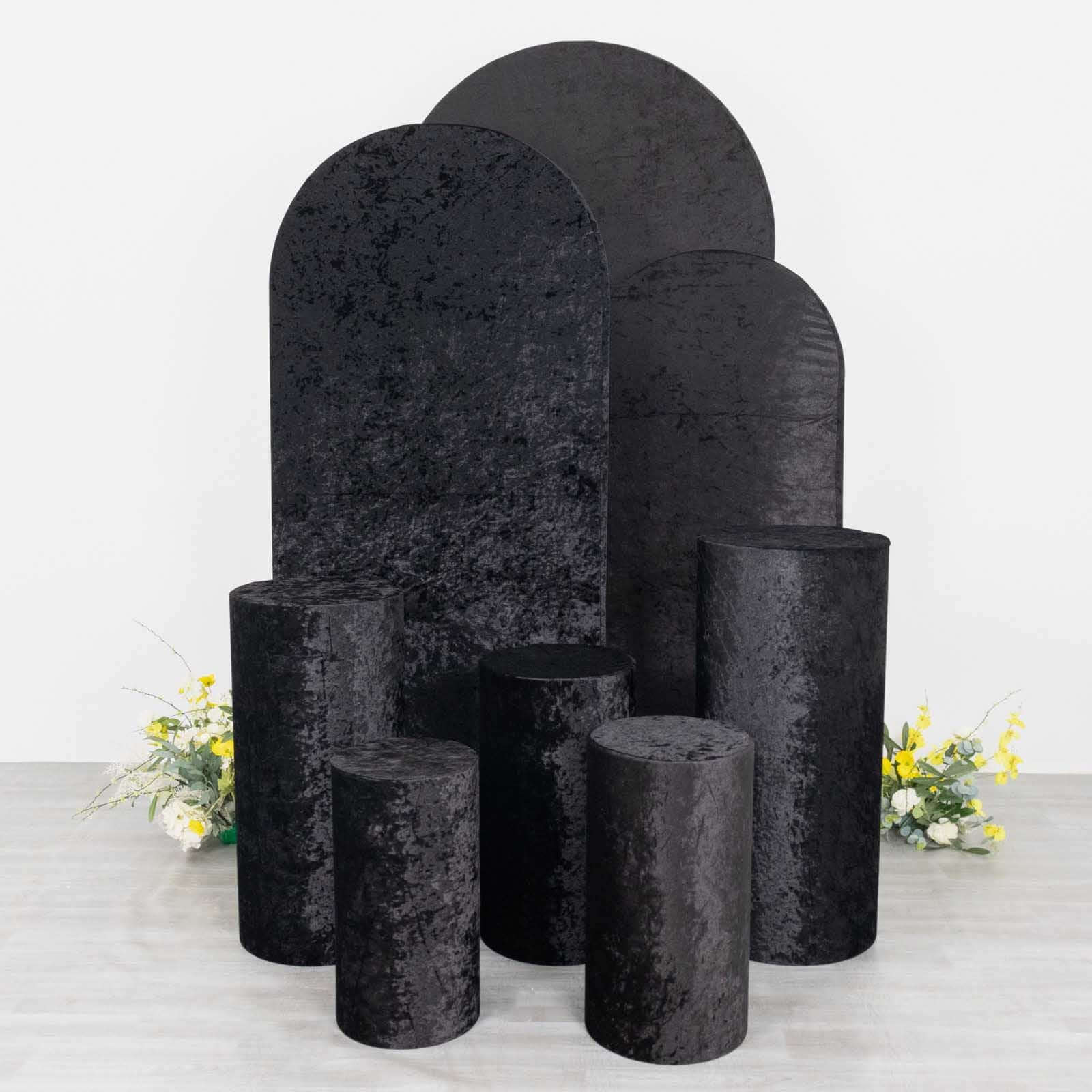 Set of 5 Black Crushed Velvet Cylinder Pedestal Stand Covers, Premium Pillar Prop Covers - Bell Racket Store