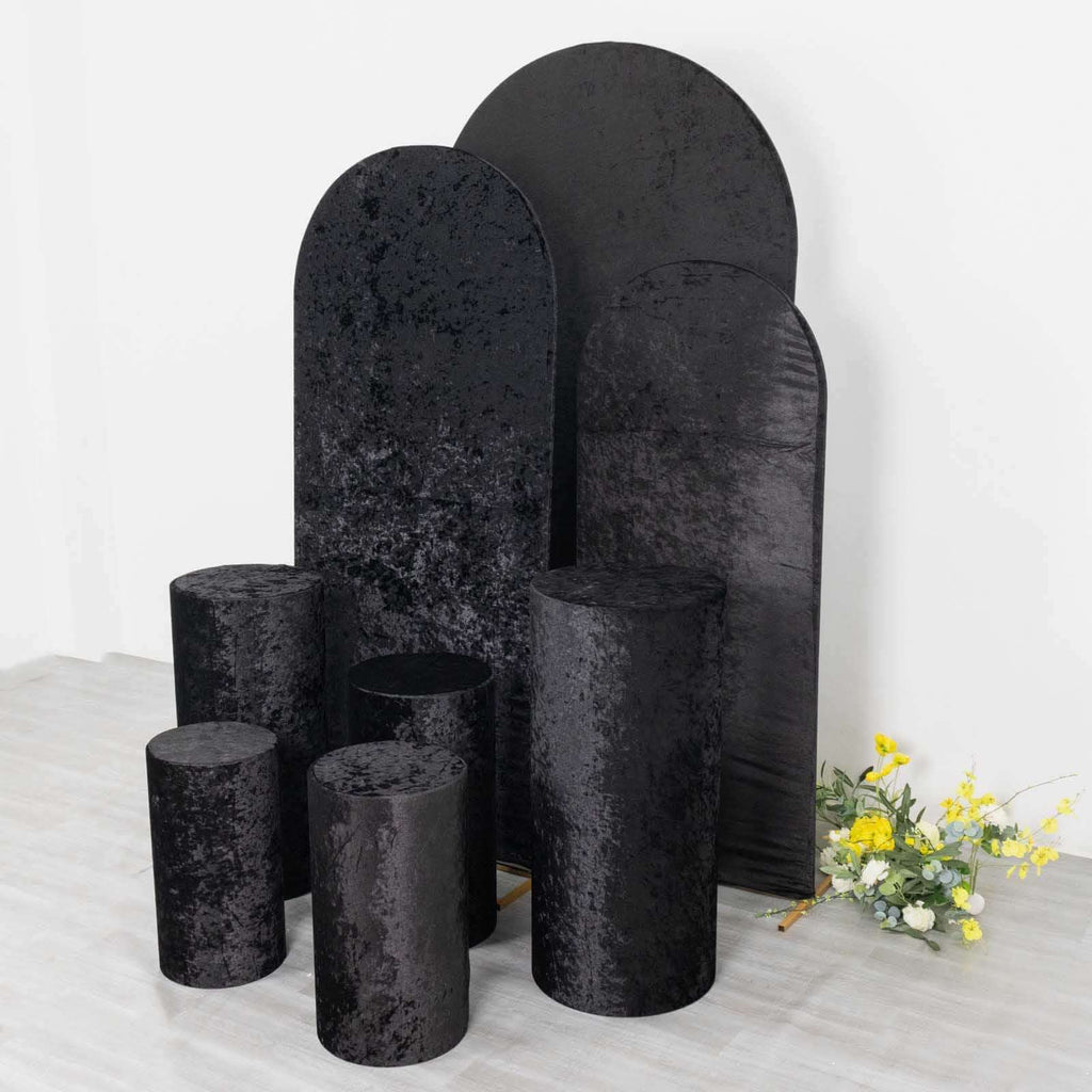 Set of 5 Black Crushed Velvet Cylinder Pedestal Stand Covers, Premium Pillar Prop Covers - Bell Racket Store