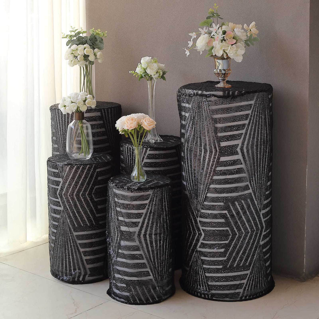 Set of 5 Black Sequin Mesh Cylinder Pedestal Stand Covers with Geometric Pattern Embroidery, Sparkly Sheer Tulle Pillar Prop Covers - Bell Racket Store