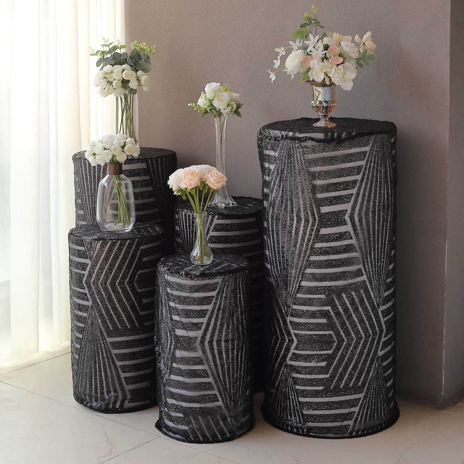 Set of 5 Black Sequin Mesh Cylinder Pedestal Stand Covers with Geometric Pattern Embroidery, Sparkly Sheer Tulle Pillar Prop Covers - Bell Racket Store