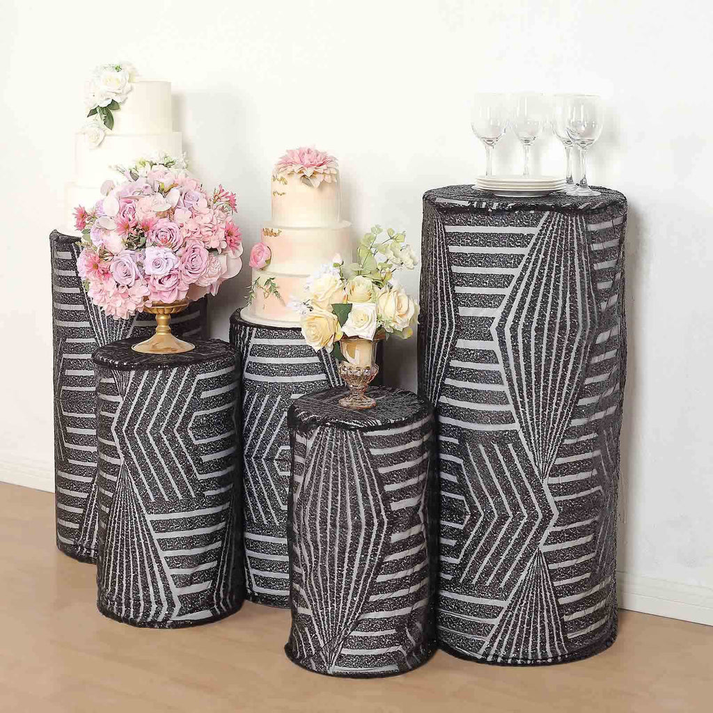 Set of 5 Black Sequin Mesh Cylinder Pedestal Stand Covers with Geometric Pattern Embroidery, Sparkly Sheer Tulle Pillar Prop Covers - Bell Racket Store