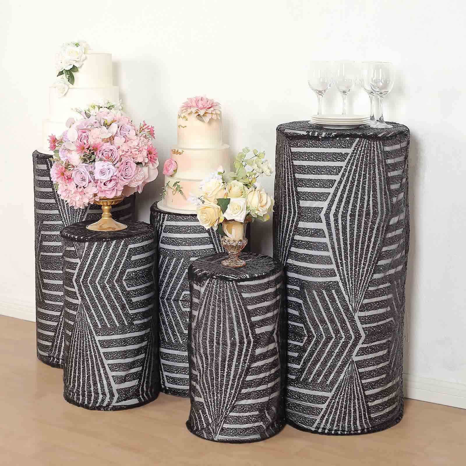 Set of 5 Black Sequin Mesh Cylinder Pedestal Stand Covers with Geometric Pattern Embroidery, Sparkly Sheer Tulle Pillar Prop Covers - Bell Racket Store