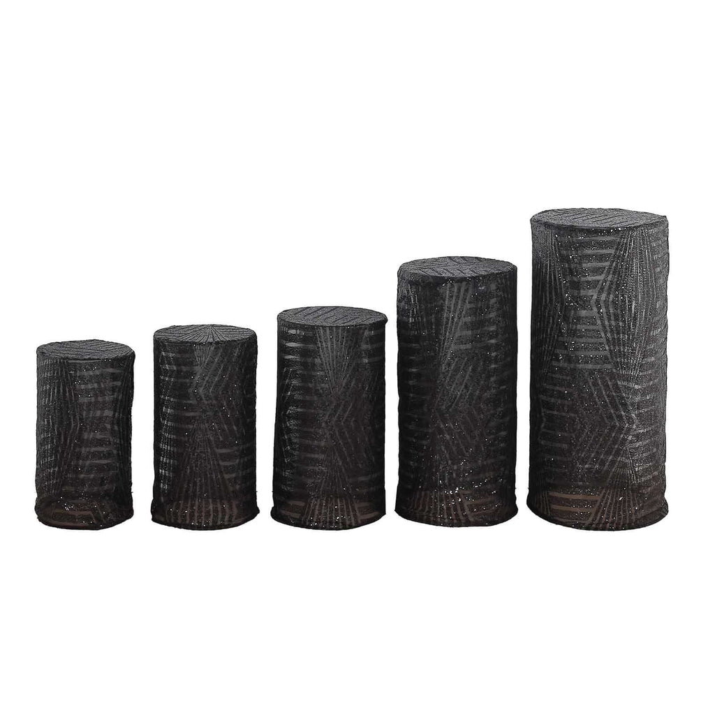 Set of 5 Black Sequin Mesh Cylinder Pedestal Stand Covers with Geometric Pattern Embroidery, Sparkly Sheer Tulle Pillar Prop Covers - Bell Racket Store
