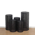 Set of 5 Black Sequin Mesh Cylinder Pedestal Stand Covers with Geometric Pattern Embroidery, Sparkly Sheer Tulle Pillar Prop Covers - Bell Racket Store