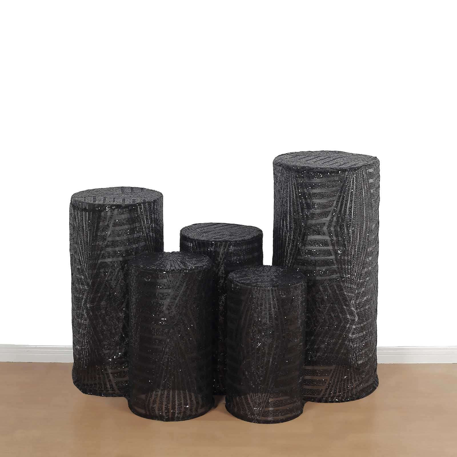 Set of 5 Black Sequin Mesh Cylinder Pedestal Stand Covers with Geometric Pattern Embroidery, Sparkly Sheer Tulle Pillar Prop Covers - Bell Racket Store