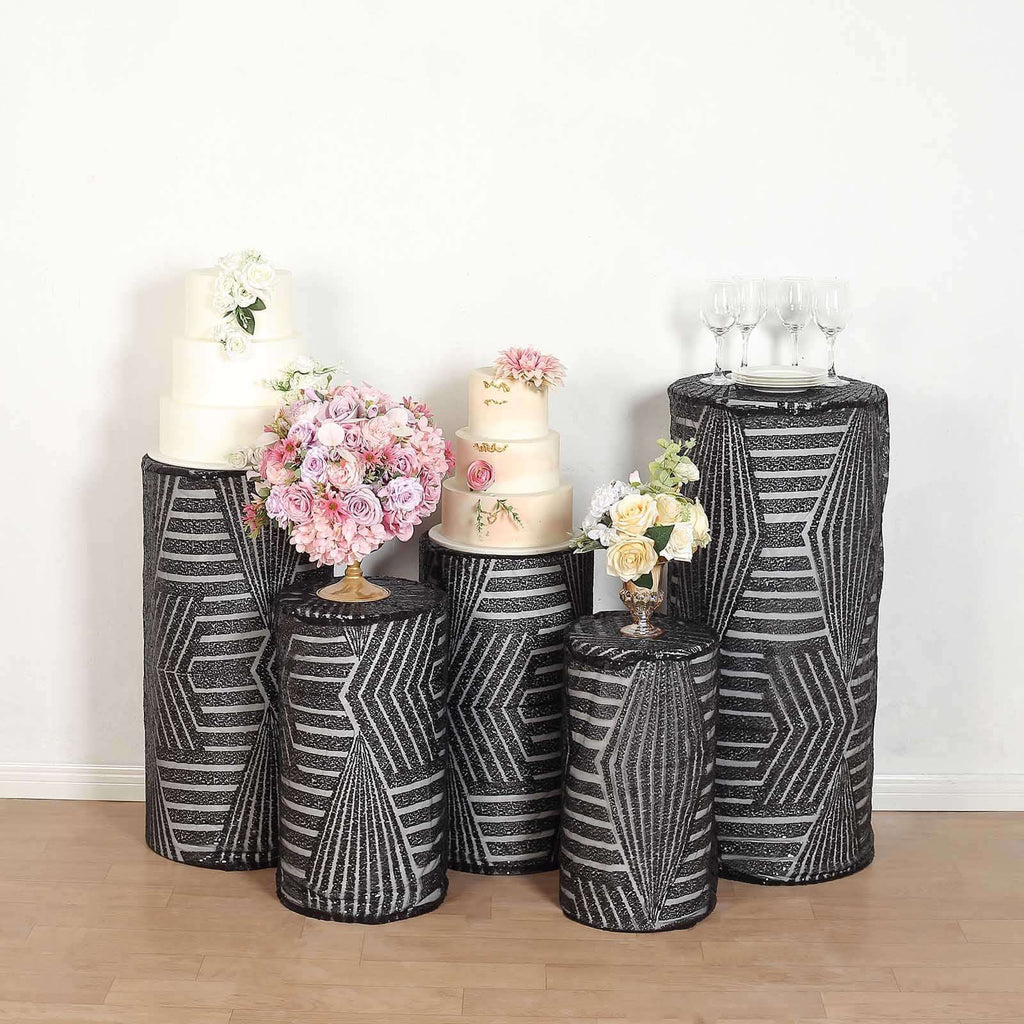Set of 5 Black Sequin Mesh Cylinder Pedestal Stand Covers with Geometric Pattern Embroidery, Sparkly Sheer Tulle Pillar Prop Covers - Bell Racket Store