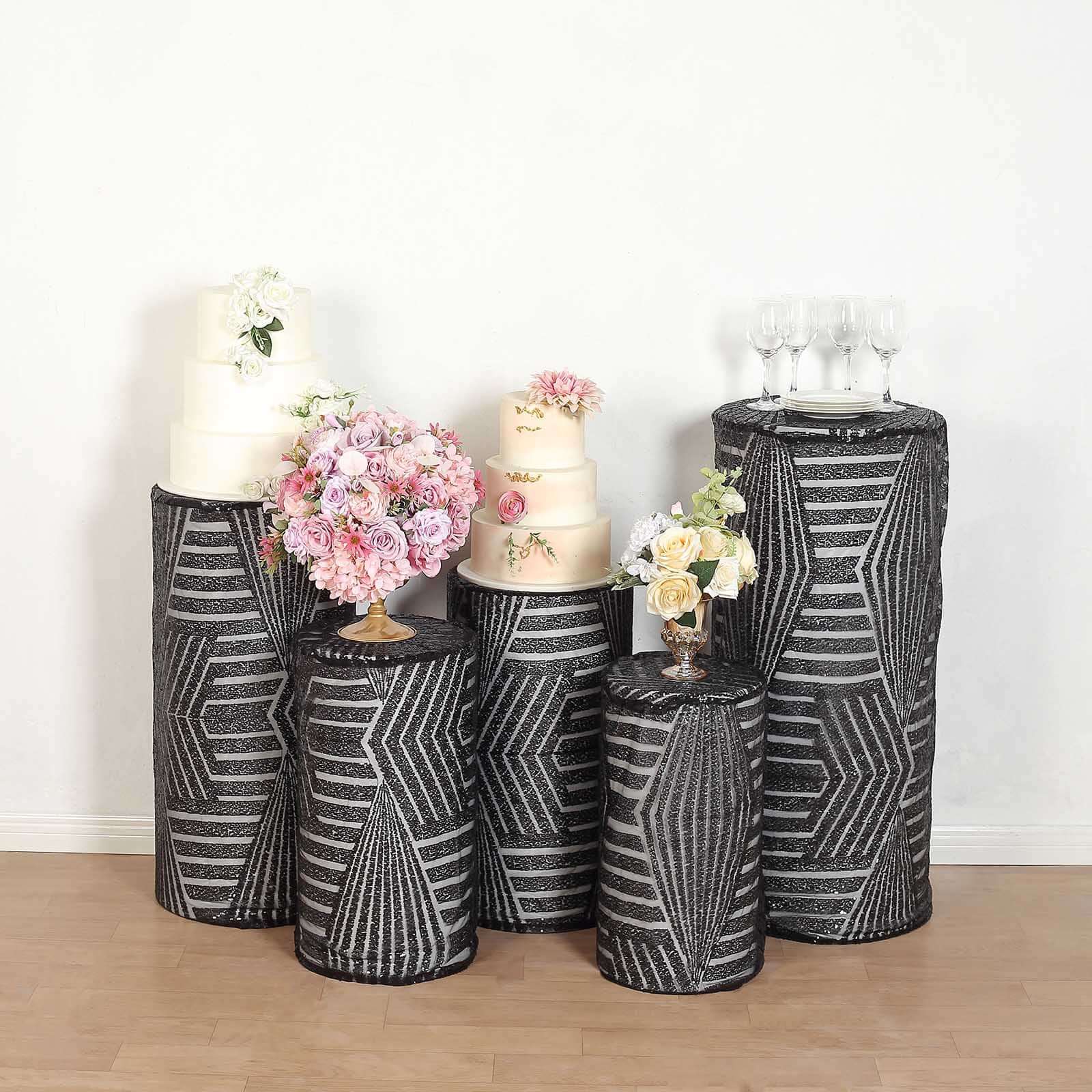 Set of 5 Black Sequin Mesh Cylinder Pedestal Stand Covers with Geometric Pattern Embroidery, Sparkly Sheer Tulle Pillar Prop Covers - Bell Racket Store