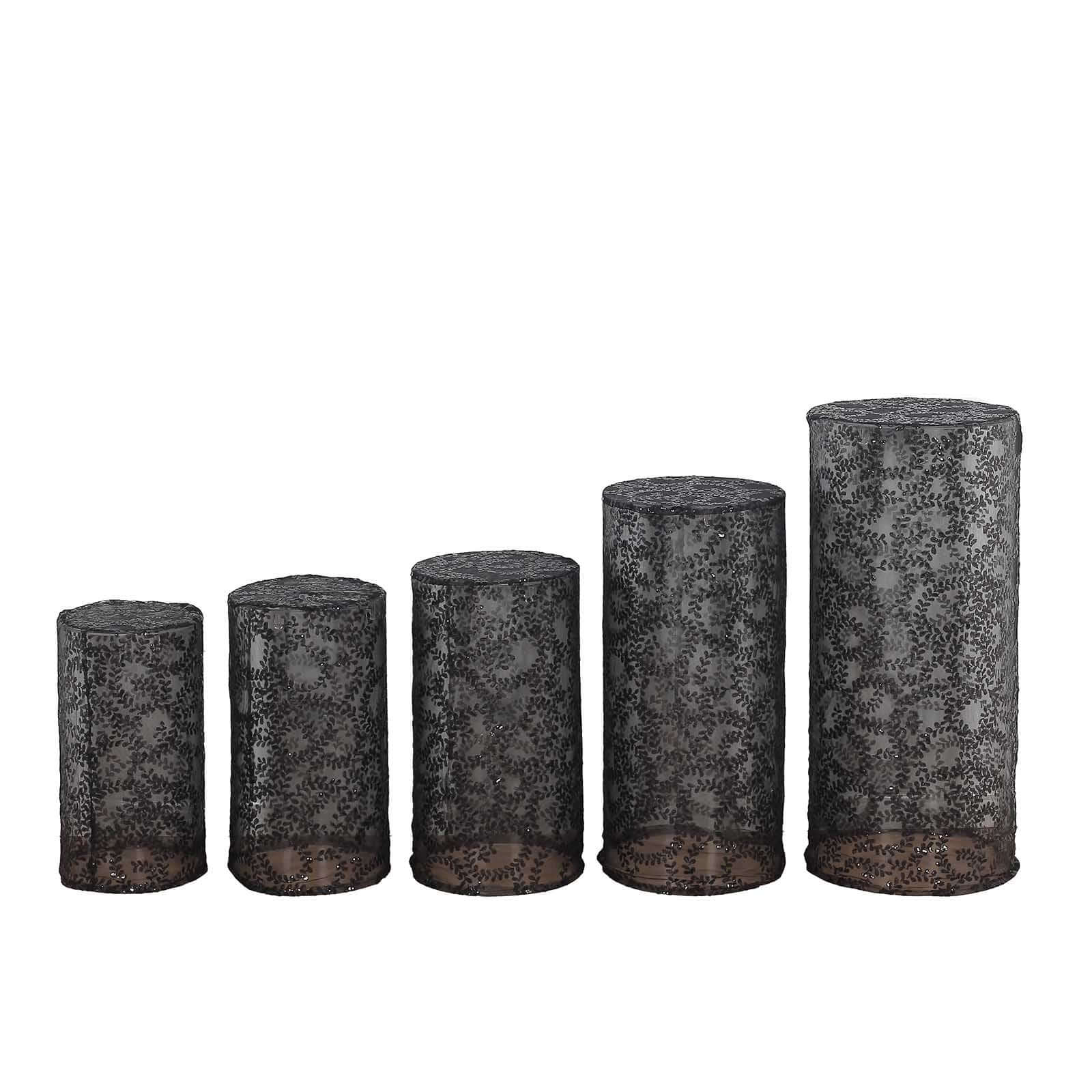 Set of 5 Black Sequin Mesh Cylinder Pedestal Stand Covers with Leaf Vine Embroidery, Sparkly Sheer Tulle Pillar Prop Covers - Bell Racket Store