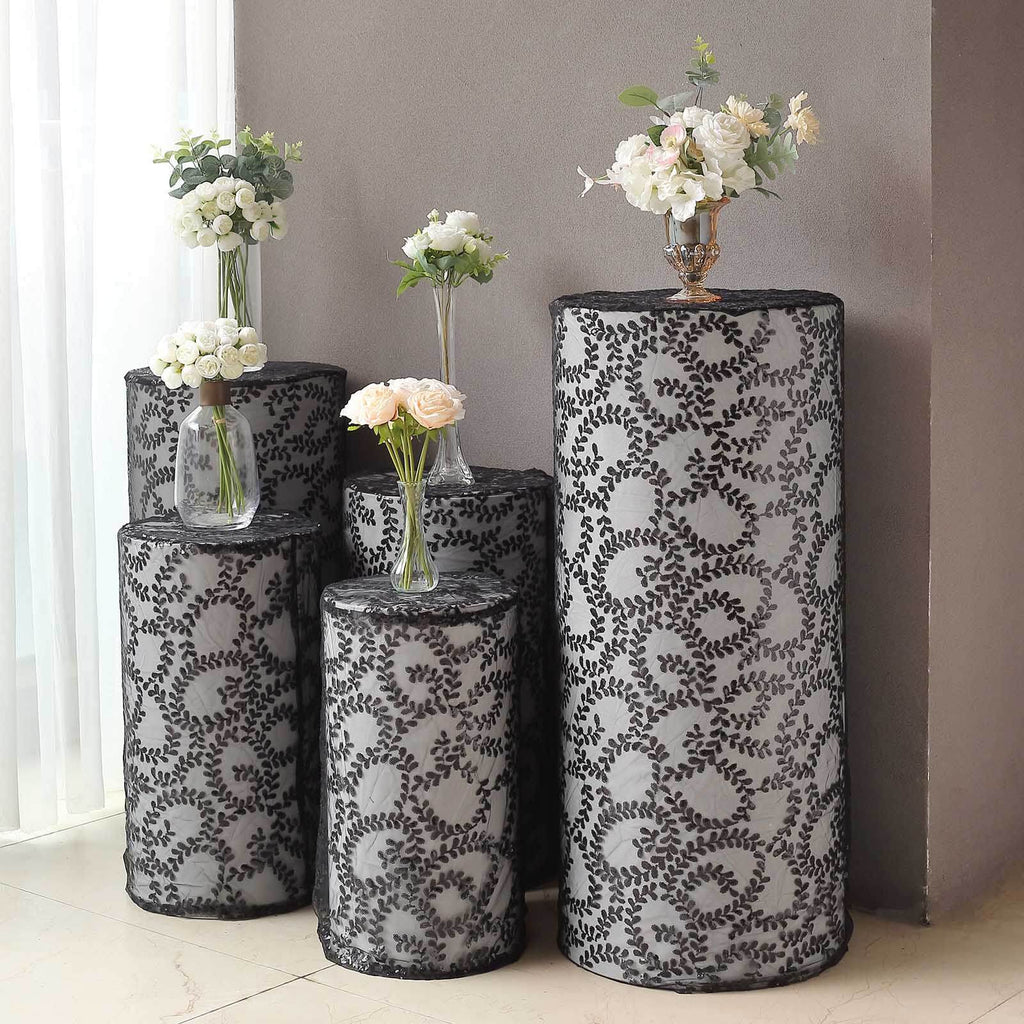 Set of 5 Black Sequin Mesh Cylinder Pedestal Stand Covers with Leaf Vine Embroidery, Sparkly Sheer Tulle Pillar Prop Covers - Bell Racket Store