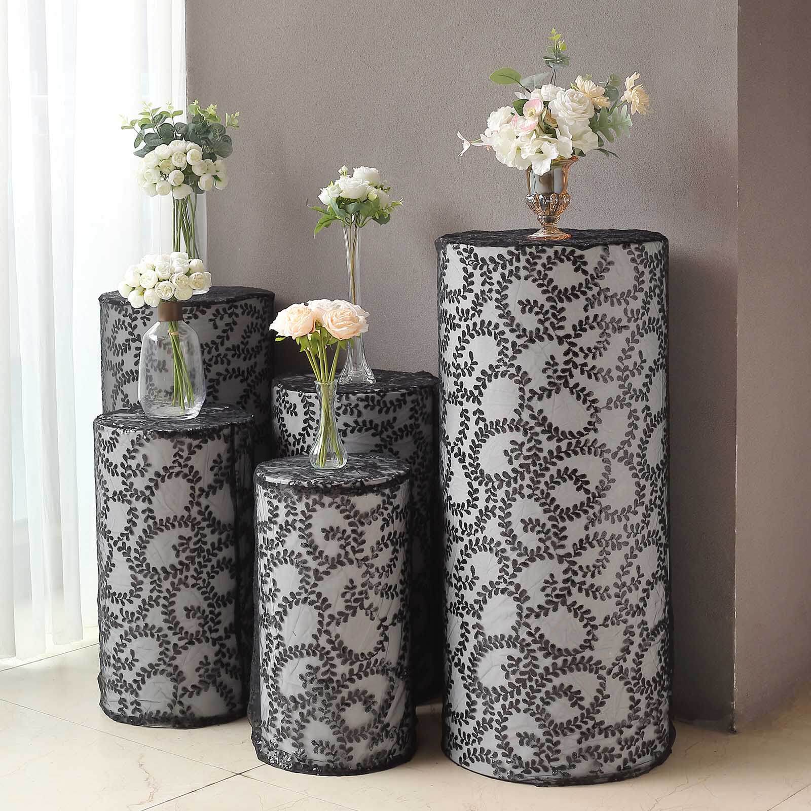 Set of 5 Black Sequin Mesh Cylinder Pedestal Stand Covers with Leaf Vine Embroidery, Sparkly Sheer Tulle Pillar Prop Covers - Bell Racket Store