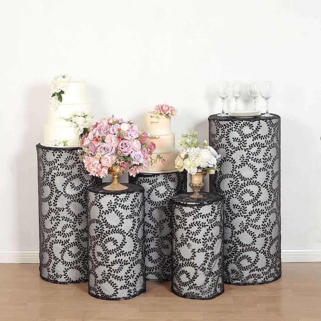 Set of 5 Black Sequin Mesh Cylinder Pedestal Stand Covers with Leaf Vine Embroidery, Sparkly Sheer Tulle Pillar Prop Covers - Bell Racket Store