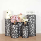 Set of 5 Black Sequin Mesh Cylinder Pedestal Stand Covers with Leaf Vine Embroidery, Sparkly Sheer Tulle Pillar Prop Covers - Bell Racket Store