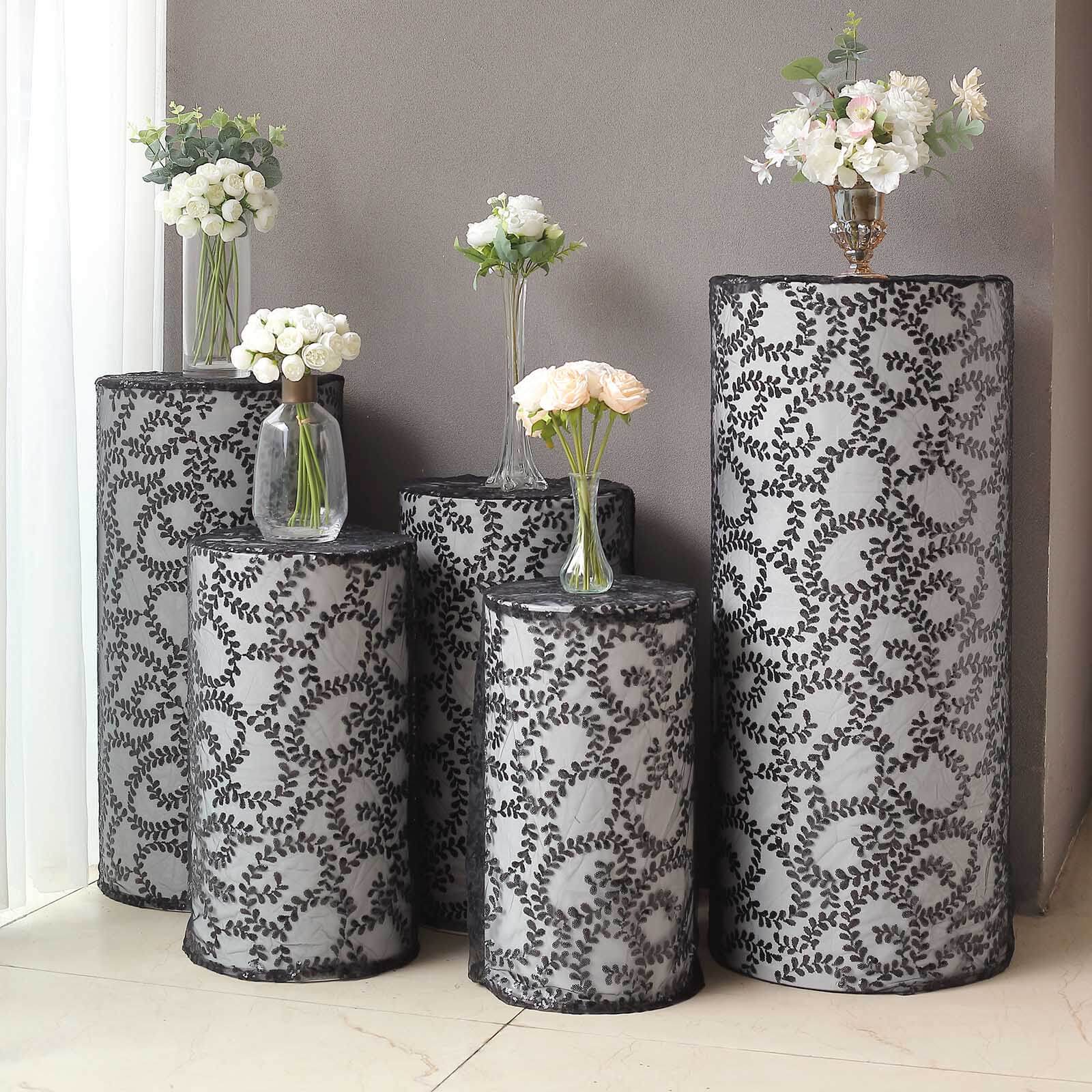 Set of 5 Black Sequin Mesh Cylinder Pedestal Stand Covers with Leaf Vine Embroidery, Sparkly Sheer Tulle Pillar Prop Covers - Bell Racket Store