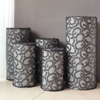Set of 5 Black Sequin Mesh Cylinder Pedestal Stand Covers with Leaf Vine Embroidery, Sparkly Sheer Tulle Pillar Prop Covers - Bell Racket Store
